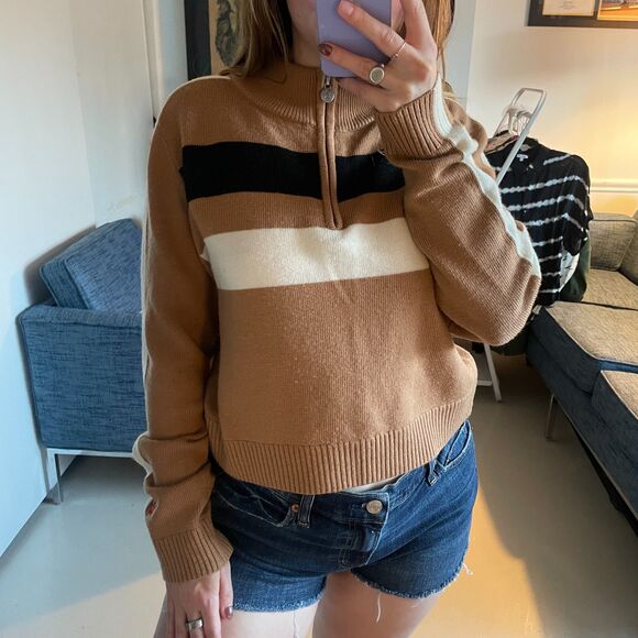 Perfect Moment Merino Wool Cropped Quarter-Zip Mock Neck Sweater Brown XL - Picture 4 of 9